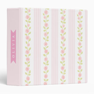 Personalized pink feminine coquette floral striped 3 ring binder