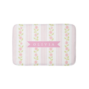 Personalized pink feminine coquette floral striped bath mat