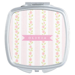 Personalized pink feminine coquette floral striped compact mirror