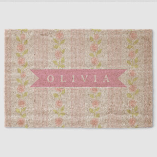 Personalized pink feminine coquette floral striped fiber doormat