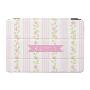 Personalized pink feminine coquette floral striped iPad mini cover