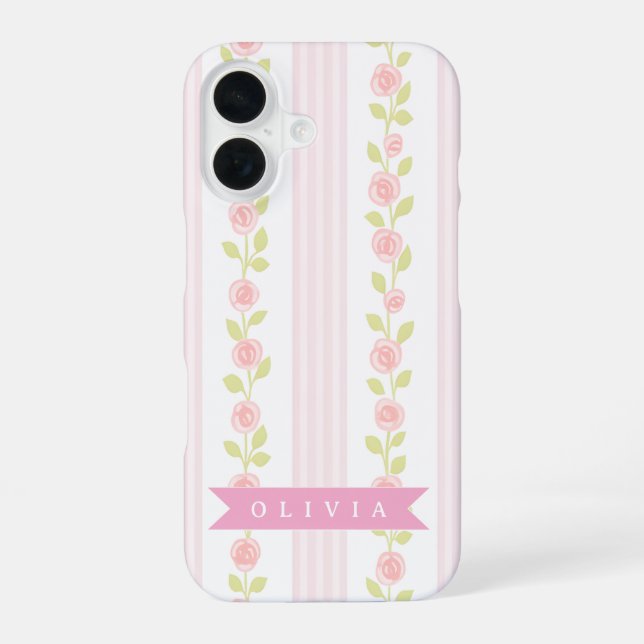 Personalized pink feminine coquette floral striped iPhone case (Back)
