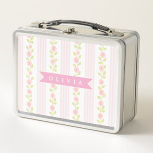 Personalized pink feminine coquette floral striped metal lunch box