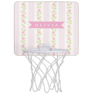 Personalized pink feminine coquette floral striped mini basketball hoop