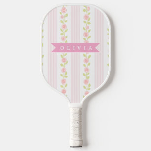 Personalized pink feminine coquette floral striped pickleball paddle