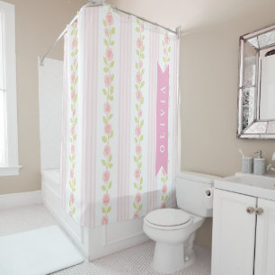 Personalized pink feminine coquette floral striped shower curtain