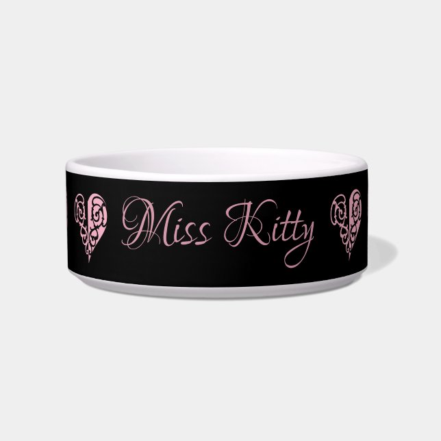 Personalized Pink Filigree Heart Ceramic Pet Bowl (Front)