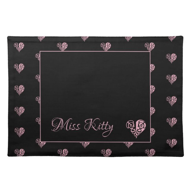 Personalized Pink Filigree Heart Cloth Placemat (Front)