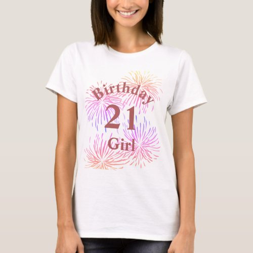Personalized Pink Fireworks 21st Birthday Girl  T_Shirt