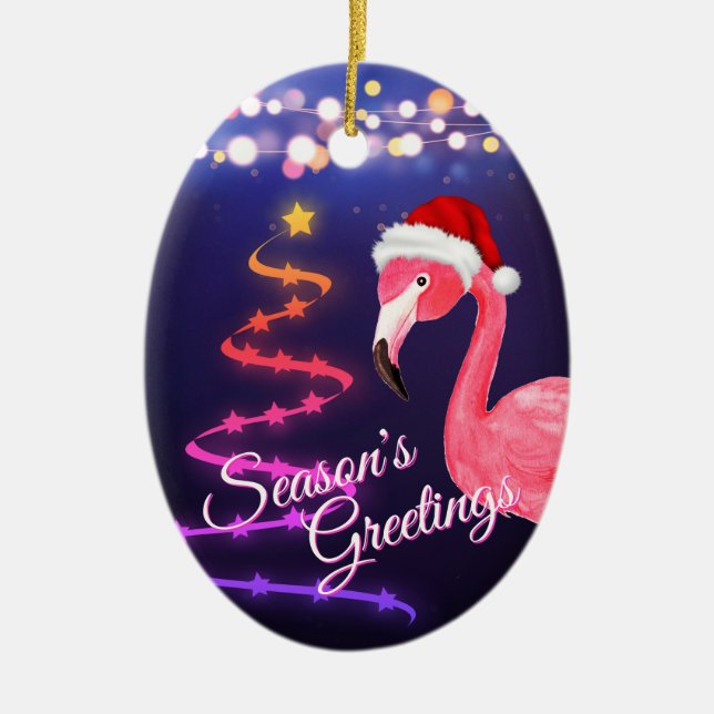 Personalized Pink Flamingo Beach Christmas Ceramic Ornament (Front)