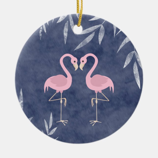 Personalized Pink Flamingo Couple Tropical Beach Ceramic Ornament (Front)