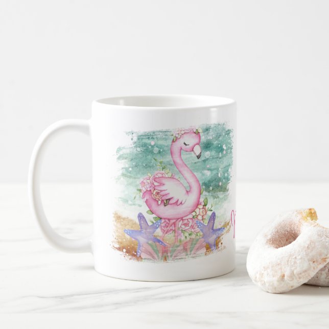 Personalized Pink Flamingo Design Coffee Mug Cup (With Donut)