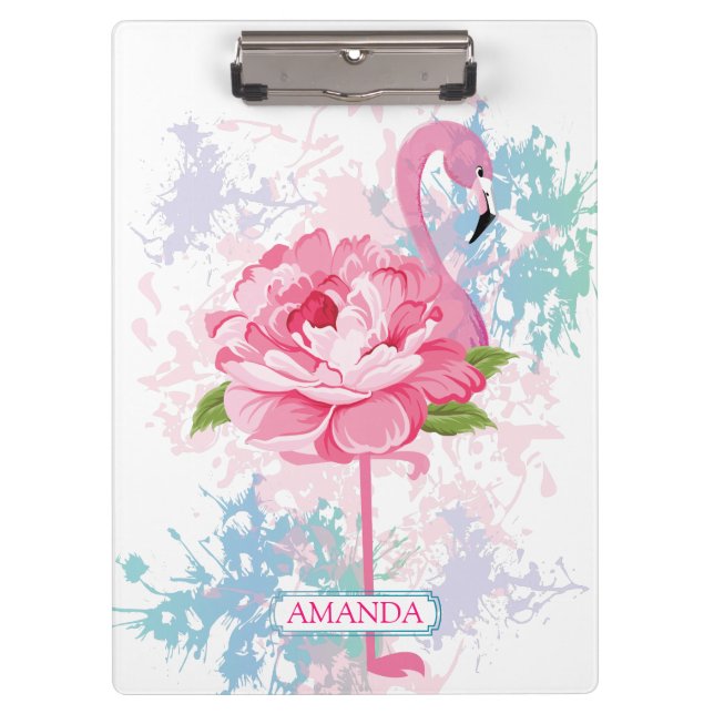 Personalized Pink flamingo Floral Clipboard (Front)