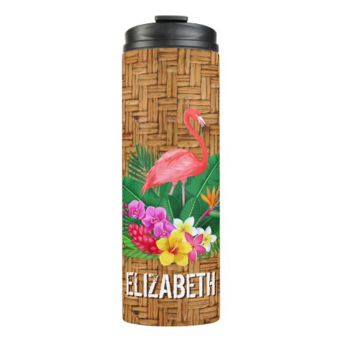 Personalized Pink Flamingo Floral Wicker Print Thermal Tumbler