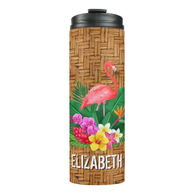 Personalized Pink Flamingo Floral Wicker Print Thermal Tumbler (Front)