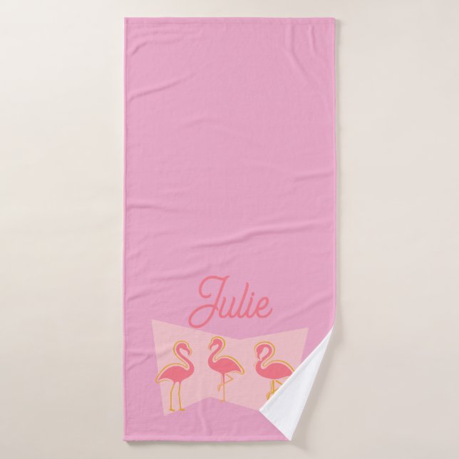 Personalized Pink Flamingo Mid-Century Modern Towe Bath Towel Set (Bath Towel)