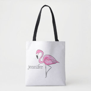 Personalized Pink Flamingo Preppy Tropical Tote Bag