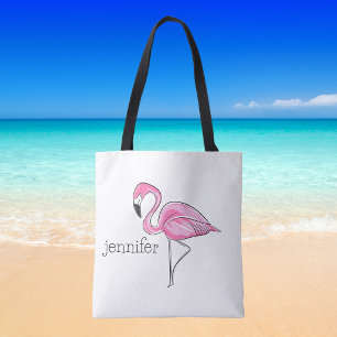 Personalized Pink Flamingo Preppy Tropical Tote Bag