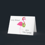 Personalized Pink Flamingo Santa Christmas Card<br><div class="desc">Use this cute Christmas card when sending warm weather greetings from Palm Springs or wherever! Customize with your city and other details. Graphics by JW Illustrations at MyGrafico  http://www.mygrafico.com/illustrations-cliparts/sun-tan-santa/prod_7369.html</div>