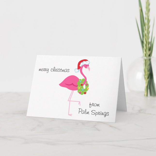 Personalized Pink Flamingo Santa Christmas Card (Front)