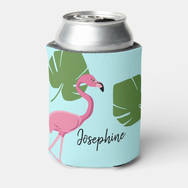Personalized Pink Flamingo Tropical Bachelorette Can Cooler (Can Back)