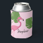 Personalized Pink flamingo Tropical Bridal shower Can Cooler<br><div class="desc">Surprise her and her bridal shower guests with these personalized,  tropical-themed can cooler. Featuring my pink flamingo and tropical monstera leaf illustrations,  customize this with her shower detail and name.</div>