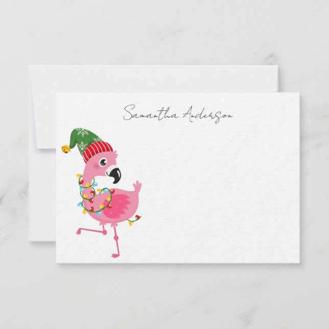Personalized Pink Flamingo Tropical Christmas Note Card (Front)