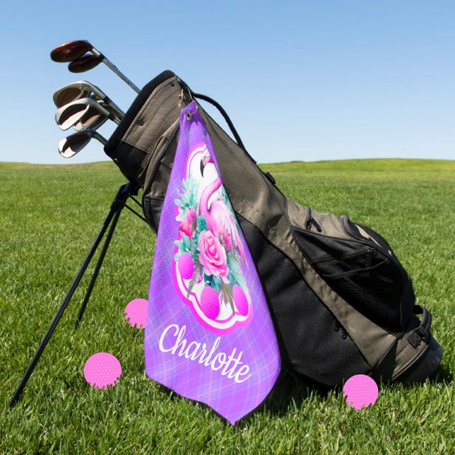 Personalized Pink Flamingo Tropical Purple Golf Towel (Perfect for your golfing Island Girl...maybe you?  Personalize it!)