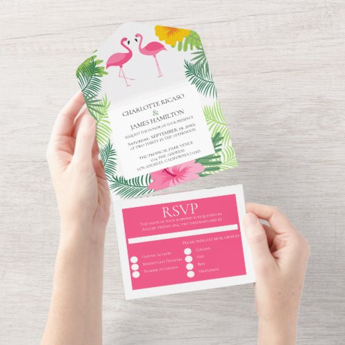 Personalized Pink Flamingo Tropical Wedding All In One Invitation