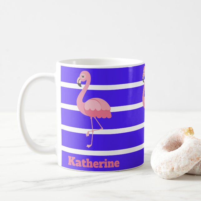 Personalized Pink Flamingos On Blue Stripes Coffee Mug (With Donut)