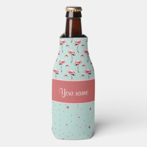 Personalized Pink Flamingos Polka Dots Bottle Cooler