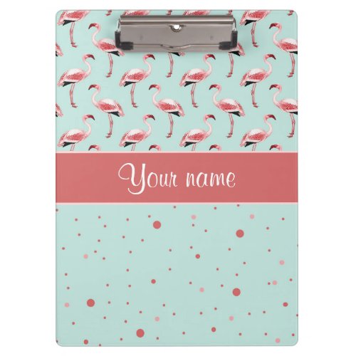 Personalized Pink Flamingos Polka Dots Clipboard