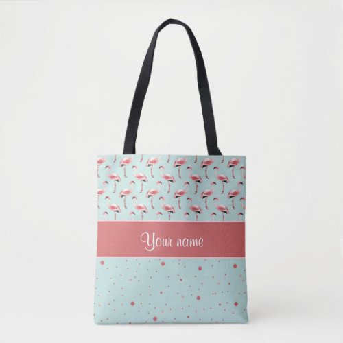 Personalized Pink Flamingos Polka Dots Tote Bag