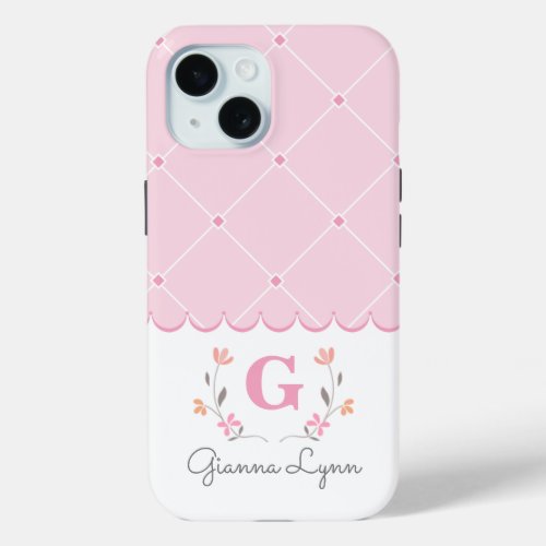 Personalized Pink Floral and Diamond Pattern iPhone 15 Case