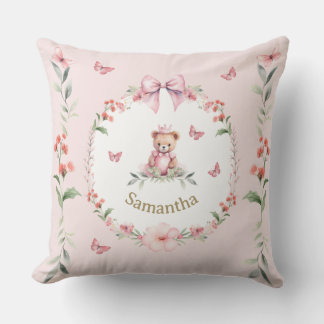 Personalized Pink Floral and Teddy Bear Hugs Throw Pillow