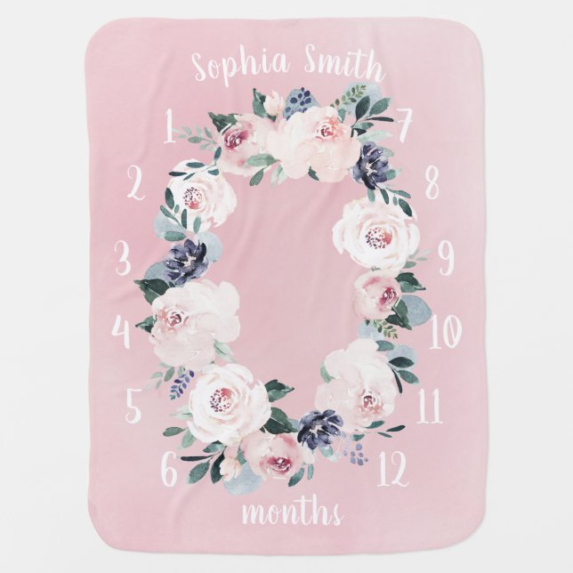 Personalized Pink Floral Baby Girl Month Milestone Blanket (Front)