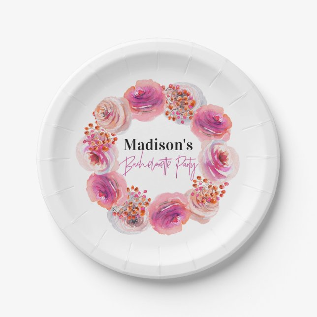 Personalized Pink Floral Bachelorette Party Paper Plates (Front)