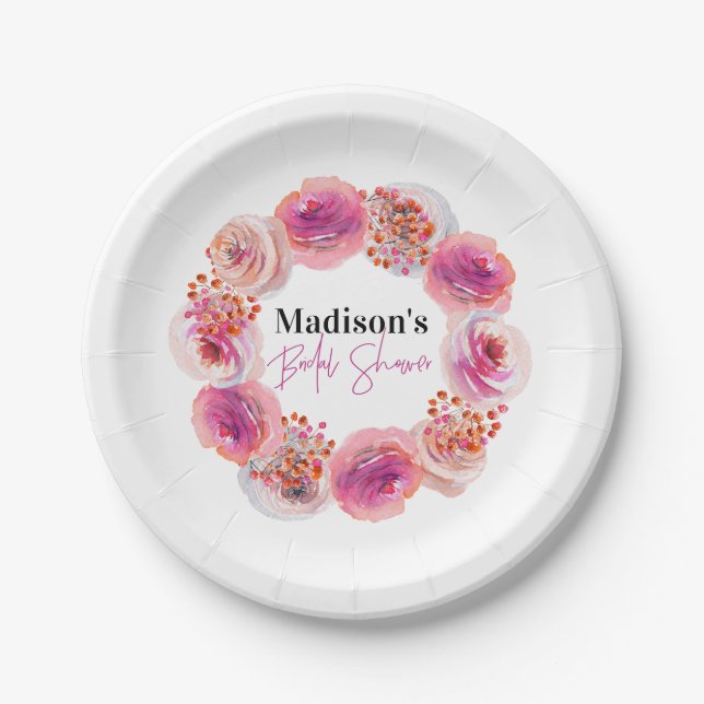 Personalized Pink Floral Bridal Shower Paper Plates (Front)