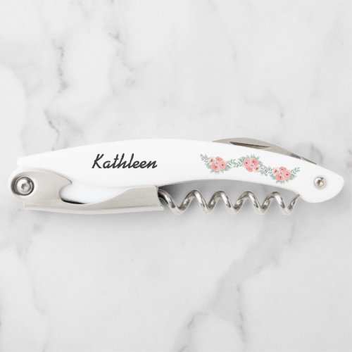 Personalized Pink Floral Bridesmaid Gift Waiters Corkscrew