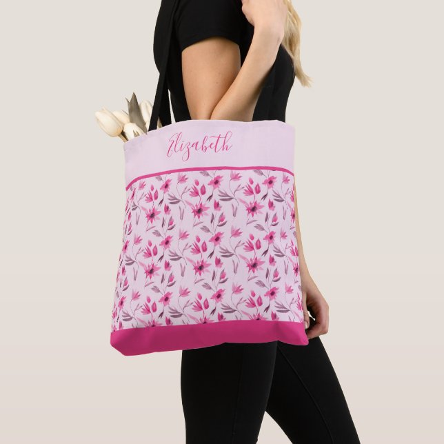 Personalized Pink Floral Bridesmaid Wedding party  Tote Bag (Close Up)