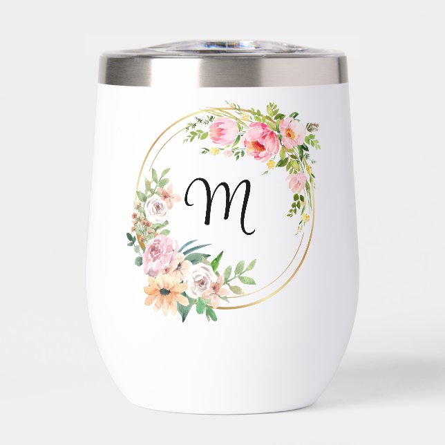 Personalized Pink Floral Bridesmaids  Thermal Wine Tumbler (Front)