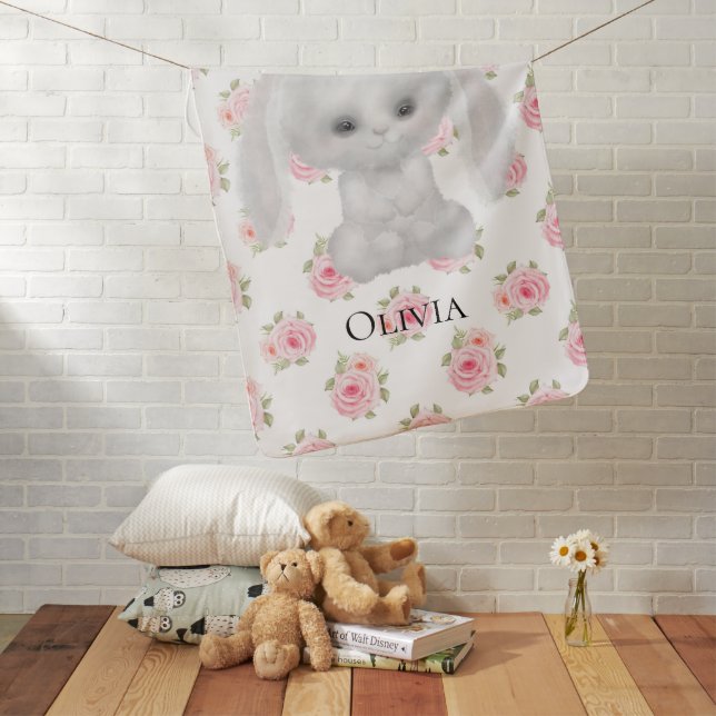Personalized Pink Floral Bunny Baby Blanket (In Situ)