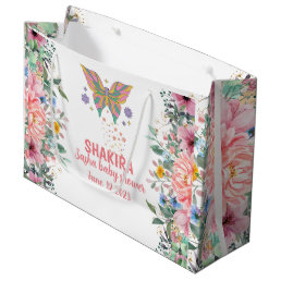 Personalized, pink floral ,butterfly baby shower large gift bag