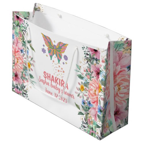 Personalized pink floral butterfly baby shower large gift bag