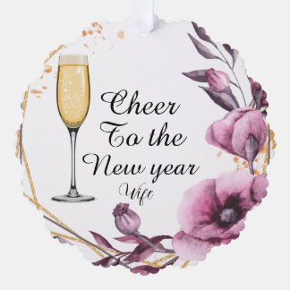 Personalized pink floral champagne glass typograph ornament card