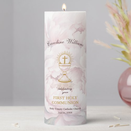 Personalized Pink Floral Cross First Communion  Pillar Candle