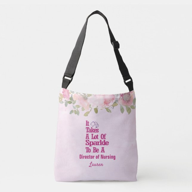 Personalized Pink Floral DON Nurse Crossbody Bag (Front)