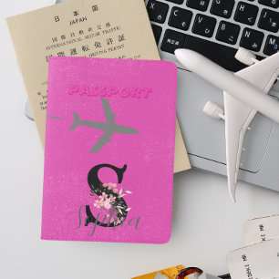 Personalized pink floral Engrave name Leather Passport Holder