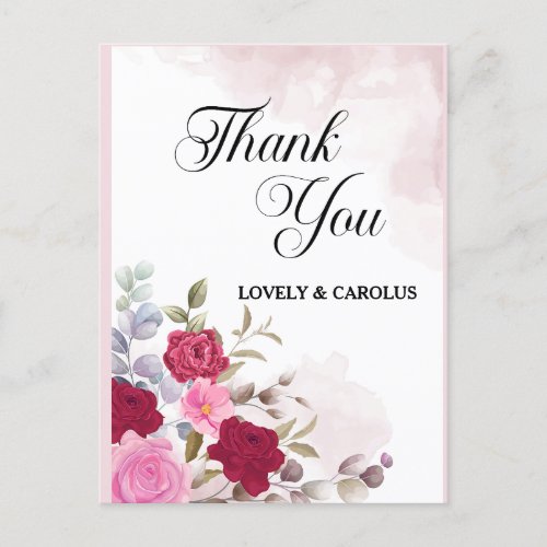 Personalized Pink Floral Flower Wedding  Thank You Postcard