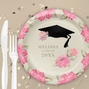 Personalized Pink Floral Girl's Graduation Party Paper Plates